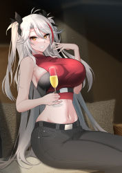Rule 34 | 1girl, absurdres, azur lane, bare shoulders, breasts, commentary, cowboy shot, dated commentary, grin, groin, hair between eyes, highres, huge breasts, j yak47, large breasts, looking at viewer, midriff, mole, mole on breast, navel, prinz eugen (azur lane), shadow, sideboob, sidelocks, sitting, smile, solo, teeth