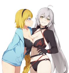 Rule 34 | 2girls, ahoge, bad id, bad pixiv id, bikini, black bikini, black choker, black gloves, black jacket, blonde hair, blue eyes, blue jacket, braid, breasts, chinese commentary, choker, cleavage, clenched teeth, commentary request, cropped jacket, fate/grand order, fate (series), front-tie bikini top, front-tie top, gloves, highres, hood, hooded jacket, jacket, jeanne d&#039;arc alter (swimsuit berserker) (fate), jeanne d&#039;arc (fate), jeanne d&#039;arc (ruler) (fate), jeanne d&#039;arc (swimsuit archer) (fate), jeanne d&#039;arc (swimsuit archer) (first ascension) (fate), jeanne d&#039;arc alter (fate), jeanne d&#039;arc alter (swimsuit berserker) (fate), large breasts, long braid, long hair, multiple girls, o-ring, o-ring bikini, o-ring bottom, o-ring top, open clothes, open jacket, ponytail, shrug (clothing), single braid, smile, swimsuit, teeth, tian zhao tian dou, very long hair, white background, white hair, yellow eyes