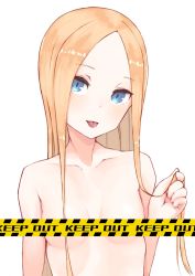 Rule 34 | 1girl, abigail williams (fate), blonde hair, blue eyes, breasts, caution tape, censored, fate/grand order, fate (series), highres, kopaka (karda nui), long hair, nude, parted bangs, sign, solo, tongue, tongue out, topless, warning sign