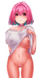Rule 34 | 1girl, ahoge, animal collar, aqua hair, arm behind back, blush, bob cut, bottomless, breasts, clothes lift, collar, covered erect nipples, cowboy shot, groin, highres, hu sea, idolmaster, idolmaster cinderella girls, large breasts, lifted by self, looking at viewer, multicolored hair, navel, nipples, pink hair, pink pubic hair, shirt, shirt lift, simple background, solo, stomach, two-tone hair, white background, white shirt, yumemi riamu