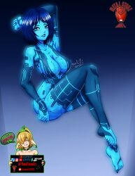 Rule 34 | 1girl, absurdres, animification, artist name, barefoot, blue eyes, blue hair, blue lips, blue skin, breasts, cleavage, clenched hand, collarbone, colored skin, commentary, cortana, english commentary, halo (series), halo 4, highres, hologram, large breasts, looking to the side, metalstoneart, parted lips, short hair, solo