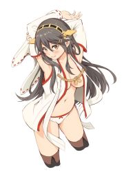 Rule 34 | 10s, 1girl, armpits, arms behind head, black hair, blush, breasts, brown eyes, collarbone, detached sleeves, hair between eyes, hair ornament, hairclip, hand on own arm, haruna (kancolle), headgear, jpeg artifacts, kantai collection, large breasts, long hair, long sleeves, navel, nontraditional miko, open clothes, panties, pinakes, ribbon-trimmed sleeves, ribbon trim, smile, solo, thighhighs, underwear, upper body, white background, white panties, wide sleeves