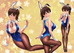 Rule 34 | 1girl, alternate costume, animal ear hairband, animal ears, areola slip, ass, black footwear, blue leotard, blue one-piece swimsuit, blush, breasts, brown eyes, brown hair, cleavage, closed mouth, collarbone, covered navel, detached collar, fake animal ears, fake tail, floral background, hand on own chest, hand on own thigh, hand on thigh, highres, kaga (kancolle), kantai collection, large breasts, leaning forward, leotard, looking at viewer, lying, multiple views, on side, one-piece swimsuit, pantyhose, pantyhose under swimsuit, playboy bunny, playboy bunny swimsuit, rabbit ear hairband, rabbit ears, rabbit tail, side ponytail, swimsuit, tail, wa (genryusui), wrist cuffs, yellow background