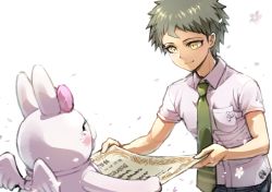 Rule 34 | 1boy, ahoge, angel wings, animal ears, bow, breast pocket, brown eyes, brown hair, certificate, closed mouth, collared shirt, commentary request, danganronpa (series), danganronpa 2: goodbye despair, ear bow, ear ribbon, green neckwear, hinata hajime, holding, looking at another, male focus, monomi (danganronpa), necktie, pants, pocket, shirt, short hair, short sleeves, upper body, white background, white shirt, wings, youko-shima