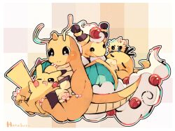 Rule 34 | ampharos, animal focus, artist name, bird, closed eyes, colored skin, commentary request, creatures (company), dot nose, dragon, dragonite, duck, game freak, gen 1 pokemon, gen 2 pokemon, gen 5 pokemon, hanabusaoekaki, highres, joltik, mega ampharos, mega pokemon, nintendo, no humans, one eye closed, pikachu, pokemon, pokemon (creature), psyduck, solid circle eyes, solid oval eyes, tail, yellow skin