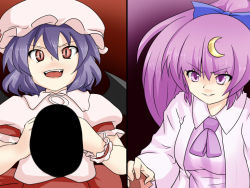 Rule 34 | 2girls, alternate hairstyle, blue hair, crescent, crescent hair ornament, female focus, frown, hair ornament, hat, immaterial and missing power, long hair, miki purasu, multiple girls, no headwear, no headwear, patchouli knowledge, purple eyes, purple hair, red eyes, remilia scarlet, short hair, embodiment of scarlet devil, touhou