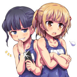 Rule 34 | 2girls, black hair, blue eyes, blue one-piece swimsuit, blush, brown eyes, cellphone, commentary request, crossed arms, grin, hagiya masakage, highres, holding, holding phone, light brown hair, marui mitsuba, mitsudomoe (manga), multiple girls, name tag, one-piece swimsuit, phone, school swimsuit, short twintails, smartphone, smile, sugisaki miku, swimsuit, taking picture, teeth, twintails, two side up, upper body