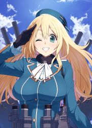 Rule 34 | 10s, 1girl, atago (kancolle), bad id, bad pixiv id, blonde hair, blue eyes, breasts, gloves, grin, hat, highres, kantai collection, kurinton, large breasts, long hair, looking at viewer, machinery, omaru gyuunyuu, one eye closed, salute, smile, solo, turret