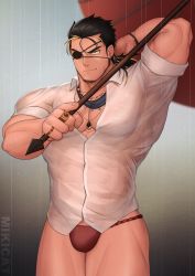 Rule 34 | 1boy, absurdres, bara, black hair, blonde hair, bulge, eyepatch, facial hair, fundoshi, highres, huge filesize, japanese clothes, jewelry, large pectorals, male focus, male underwear, manly, mikicat, multicolored hair, muscular, original, pectorals, rain, red male underwear, see-through, shirt, smile, solo, streaked hair, thick thighs, thighs, umbrella, underwear, water drop, wet, yellow eyes