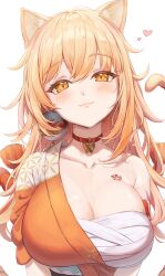 Rule 34 | 1girl, :3, absurdres, animal ears, arm tattoo, bandages, blonde hair, blush, breasts, cat ears, cat tail, chest sarashi, chest tattoo, choker, cleavage, collarbone, commentary request, genshin impact, highres, japanese clothes, kemonomimi mode, kimono, large breasts, long hair, looking at viewer, naruse u, orange kimono, red choker, sarashi, single bare shoulder, skindentation, smile, solo, tail, tattoo, upper body, yellow eyes, yoimiya (genshin impact)