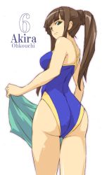 Rule 34 | 00s, 1girl, ass, blue one-piece swimsuit, breasts, brown hair, carrying, character name, closed mouth, eyebrows hidden by hair, green eyes, hand up, happy, haruka shiya, high ponytail, holding, holding towel, long hair, looking at viewer, looking back, looking over shoulder, mahou sensei negima!, medium breasts, one-piece swimsuit, ookouchi akira, ponytail, simple background, smile, solo, standing, swimsuit, towel, white background