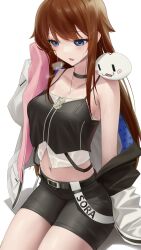 Rule 34 | 1girl, absurdres, belt, bike shorts, blue eyes, breasts, breath, brown hair, casual, character name, choker, cleavage, crop top, highres, hololive, hood, hoodie, jacket, jacket partially removed, long hair, medium breasts, navel, nun nun (tokino sora), shirt, simple background, sitting, somebody (leiking00), sweat, tokino sora, tokino sora (streetwear), towel, virtual youtuber, wet, wet clothes, wet shirt, white background