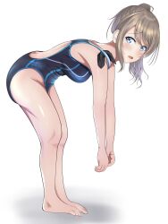 Rule 34 | 1girl, alternate hairstyle, barefoot, black one-piece swimsuit, borgbutler, brown hair, commentary request, competition swimsuit, full body, grey hair, highres, leaning forward, looking at viewer, love live!, love live! sunshine!!, one-piece swimsuit, ponytail, short hair, simple background, solo, standing, swimsuit, watanabe you, white background