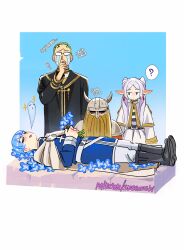 Rule 34 | 1girl, 3boys, ?, beard, blue hair, capelet, commentary, confused, crying, dwarf, earrings, eisen (sousou no frieren), elf, english commentary, english text, facial hair, fake horns, flower, frieren, funeral, giving up the ghost, green eyes, heiter, helmet, highres, himmel (sousou no frieren), holding, holding flower, horned helmet, horns, jewelry, long beard, long hair, long sleeves, multiple boys, pointy ears, short hair, snegovski, sousou no frieren, spoken question mark, streaming tears, tears, twintails, white capelet, white hair