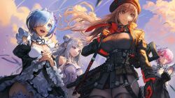 Rule 34 | 4girls, assault rifle, bare shoulders, belt pouch, beret, black choker, black shirt, blue eyes, blue hair, braid, breasts, brown hair, choker, cleavage, closed mouth, cloud, collared shirt, cropped jacket, crown braid, curvy, detached collar, detached sleeves, dress, elf, emilia (re:zero), etama quomo, frills, from below, gem, goddess of victory: nikke, green gemstone, gun, hair bun, hair ornament, hair over one eye, hair ribbon, hat, highres, large breasts, long hair, maid, maid headdress, multiple girls, necktie, open mouth, own hands together, pantyhose, pink eyes, pink hair, pink ribbon, pointy ears, pouch, purple eyes, purple ribbon, ram (re:zero), rapi (nikke), re:zero kara hajimeru isekai seikatsu, red necktie, rem (re:zero), ribbon, ribbon-trimmed clothes, ribbon trim, rifle, roswaal mansion maid uniform, shirt, short hair, siblings, sisters, sky, smile, strap, thighhighs, twins, two-tone gloves, weapon, white dress, white hair, x hair ornament