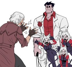 Rule 34 | 2boys, 3girls, animal ears, arm hair, black gloves, black hair, black pants, black vest, byeonbulkan, casual suit, cerberus (helltaker), clapping, coat, commentary, crossover, dante (devil may cry), demon girl, demon tail, devil may cry, devil may cry (series), devil may cry 3, devil may cry 5, dog ears, dog girl, english commentary, fingerless gloves, gloves, helltaker, helltaker (character), highres, multiple boys, multiple girls, no pupils, pants, parody, pet walking, popped collar, red shirt, sharp teeth, shirt, sleeves pushed up, sunglasses, sweatdrop, tail, taunting, teeth, trench coat, triplets, vest, white hair