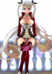 Rule 34 | 1girl, azur lane, bad anatomy, bad arm, black bow, blush, bow, breasts, closed mouth, collarbone, crossed legs, day, dress, artistic error, hair bow, jewelry, large breasts, long hair, long sleeves, looking at viewer, military, military uniform, necklace, nelson (azur lane), outdoors, panties, pantyshot, purple thighhighs, railing, red eyes, satou daiji, short dress, sidelocks, silver hair, simple background, sitting, solo, thighhighs, thighs, tsurime, twintails, underwear, uniform, upskirt, very long hair, white background, white panties