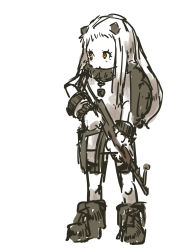Rule 34 | 10s, 1girl, abyssal ship, ak-47, akm, akms, ankle boots, assault rifle, backpack, bag, battle rifle, boots, collar, colored skin, dress, flat chest, full body, gun, highres, horns, kalashnikov rifle, kantai collection, long hair, multicolored eyes, nameo (judgemasterkou), northern ocean princess, red eyes, rifle, solo, weapon, white dress, white hair, white skin, yellow eyes