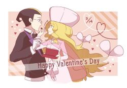 Rule 34 | 1boy, 1girl, blonde hair, bow, bowtie, box, caitlin (pokemon), candy, cape, chocolate, chocolate heart, creatures (company), cropped torso, darach (pokemon), dress, food, game freak, glasses, happy valentine, heart, heart of string, holding, holding box, kodama pokepoke, long hair, multicolored hair, nintendo, pink headwear, pokemon, pokemon bw, pokemon dppt, pokemon platinum, see-through cape, signature, two-tone hair, valentine, very long hair, white dress