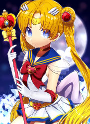 Rule 34 | 1990s (style), 1girl, absurdres, bishoujo senshi sailor moon, bishoujo senshi sailor moon s, blonde hair, blue eyes, breasts, cleavage, collar, coo (coonekocoo), diadem, double bun, earrings, gloves, hair bun, highres, jewelry, long hair, looking at viewer, magical girl, retro artstyle, sailor collar, sailor moon, tsukino usagi, twintails, weapon, white gloves