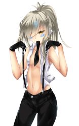 Rule 34 | 1girl, black pants, elsword, eve (elsword), facial mark, fi-san, gloves, highres, long hair, mouth hold, pants, solo, suspenders, transparent background, white hair, yellow eyes