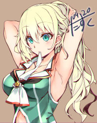 Rule 34 | 1girl, absurdres, alternate costume, alternate hairstyle, atago (kancolle), blonde hair, blush, breasts, brown background, cleavage, green eyes, green shirt, hair between eyes, hair ornament, highres, kantai collection, large breasts, long hair, narumiya (empty cafe), one-hour drawing challenge, ponytail, shirt, simple background, sleeveless, sleeveless shirt, solo