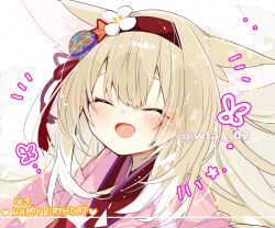 Rule 34 | 1girl, animal ears, arknights, artist name, blonde hair, blush, closed eyes, colored tips, commentary, dated, flower, fox ears, fox girl, hair flower, hair ornament, hairband, happy birthday, itsuki 02, japanese clothes, kimono, multicolored hair, official alternate costume, open mouth, pink kimono, red hairband, solo, suzuran (arknights), suzuran (yukibare) (arknights), twitter username, two-tone hair, upper body, white hair
