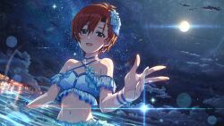 Rule 34 | 1girl, blue eyes, earrings, hair ornament, idolmaster, idolmaster million live!, idolmaster million live! theater days, jewelry, julia (idolmaster), moon, navel, official art, red hair, solo, star (sky), swimsuit