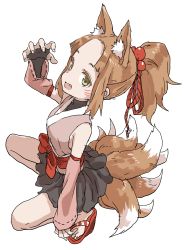 Rule 34 | 1girl, absurdres, animal ear fluff, animal ears, bare shoulders, brown hair, claw pose, detached sleeves, extra ears, facial mark, fang, forehead, fox ears, fox girl, fox tail, from above, full body, green eyes, hair up, highres, japanese clothes, kimono, looking at viewer, multiple tails, original, sandals, shirt, sidelocks, skirt, solo, tail, tight clothes, tight shirt, whisker markings, yamamoto souichirou, zouri