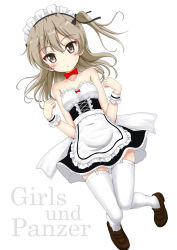 Rule 34 | 1girl, :o, alternate costume, apron, bare shoulders, black bow, black skirt, blush, bow, bowtie, breasts, brown eyes, brown footwear, brown hair, collarbone, commentary request, copyright name, dutch angle, enmaided, flipper, frilled apron, frills, garter straps, girls und panzer, hair bow, hands up, loafers, long hair, maid, maid headdress, one side up, parted lips, red bow, red bowtie, shimada arisu, shoes, simple background, skirt, small breasts, solo, strapless, thighhighs, waist apron, white apron, white background, white thighhighs, wrist cuffs