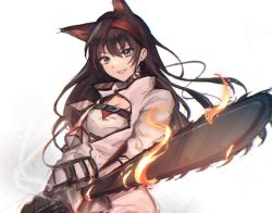 Rule 34 | 1girl, animal ears, arknights, bad id, bad pixiv id, black hair, blaze (arknights), blue eyes, breasts, cat ears, chainsaw, chinese commentary, cleavage, commentary, commentary request, flaming weapon, grin, hair between eyes, hairband, holding, holding chainsaw, jacket, kuiqiu kq, lips, long hair, looking at viewer, medium breasts, partial commentary, shirt, simple background, smile, solo, upper body, white background, white jacket, white shirt