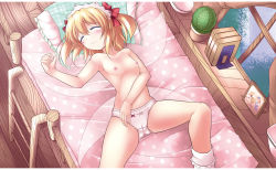 Rule 34 | 1girl, bed, blonde hair, eastern and little nature deity, female focus, flat chest, gisyo, indoors, lying, nature, nipples, on back, panties, short hair, sky, sleeping, smile, solo, spread legs, sunny milk, touhou, twintails, underwear, wings