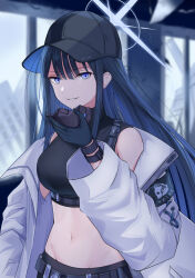 Rule 34 | 1girl, absurdres, bare shoulders, baseball cap, black gloves, black hat, black shirt, blue archive, blue eyes, blue hair, breasts, coat, crop top, gloves, grin, hat, highres, holding, holding mask, large breasts, long hair, long sleeves, looking at viewer, mask, midriff, navel, off shoulder, saori (blue archive), shirt, smile, solo, stomach, upper body, very long hair, wasi, white coat