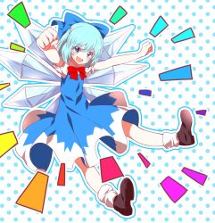 Rule 34 | 1girl, :d, blue dress, blue eyes, blue hair, bow, bowtie, cirno, clenched hands, dress, hair bow, highres, ice, ice wings, matching hair/eyes, open mouth, outline, outstretched arms, polka dot, polka dot background, puffy short sleeves, puffy sleeves, rainbow order, red bow, red bowtie, rie-co, shoes, short hair, short sleeves, smile, socks, solo, touhou, wings