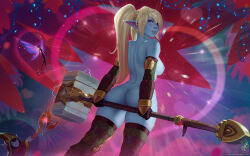 Rule 34 | 2girls, alternate breast size, alternate height, ass, ass support, black gloves, blonde hair, breasts, brown thighhighs, from behind, gloves, hammer, heart, highres, holding, holding hammer, holding staff, large breasts, league of legends, looking at viewer, looking back, lulu (league of legends), magic, multiple girls, nipples, pix (league of legends), poppy (league of legends), pussy, pussy peek, solo focus, staff, themaestronoob, thighhighs, topless, twintails