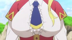 Rule 34 | 1girl, animated, anime screenshot, blonde hair, blue eyes, blue necktie, bouncing breasts, bra, breasts, enome, exploding clothes, frilled shirt, frills, futoku no guild, highres, huge breasts, long hair, long sleeves, mature female, necktie, nipples, open mouth, pink bra, screencap, shirt, sidelocks, sound, tagme, torn bra, torn clothes, torn necktie, torn shirt, underboob, underwear, video, white shirt