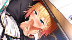 Rule 34 | 1boy, 1girl, black pants, blonde hair, blue eyes, blush, censored, character request, collarbone, deep one kyomu to mugen no fragment, desk, earrings, eraser, from above, game cg, hair between eyes, half-closed eyes, jacket, jewelry, long hair, mosaic censoring, official art, oral, pants, penis, school uniform, short hair, under table, visual novel, white jacket