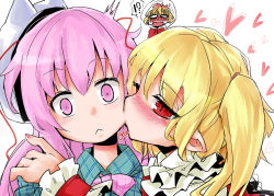 Rule 34 | !?, 3girls, :&lt;, blank eyes, blonde hair, blouse, blue shirt, blush, constricted pupils, empty eyes, expressionless, eyebrows, flandre scarlet, flustered, hair between eyes, hand on another&#039;s shoulder, harry (namayake), hata no kokoro, heart, kiss, kissing cheek, long hair, looking at viewer, mask, multicolored hair, multiple girls, no headwear, no headwear, pink eyes, pink hair, plaid, plaid shirt, profile, red eyes, shirt, side ponytail, slit pupils, toramaru shou, touhou, two-tone hair, white background, white shirt, wings, wrist cuffs, yuri
