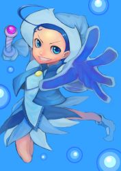 Rule 34 | &gt;:d, 1girl, :d, ahoge, blue background, blue dress, blue eyes, blue footwear, blue gloves, blue hair, blue theme, boots, bukimi isan, dress, foreshortening, full body, gloves, grin, hat, highres, magical girl, matching hair/eyes, ojamajo doremi, open mouth, senoo aiko, short hair, simple background, smile, solo, v-shaped eyebrows, vest, wand