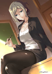 Rule 34 | 1girl, alternate costume, arm support, black jacket, breasts, classroom, cleavage, collarbone, desk, folded ponytail, glasses, green eyes, grey hair, grey skirt, jacket, kantai collection, katori (kancolle), large breasts, crossed legs, long sleeves, looking at viewer, mikage takashi, on desk, open clothes, open jacket, pantyhose, riding crop, shirt, short hair, sidelocks, sitting, on desk, skirt, solo, twitter username, white shirt