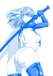 Rule 34 | 1girl, arched back, arm up, ass, back, blue theme, breasts, cosplay, cowboy shot, from behind, from below, gantz, gantz suit, gloves, hair between eyes, hair ribbon, hairband, haruhisky, highres, holding, holding sword, holding weapon, legs apart, looking at viewer, looking back, looking down, medium breasts, monochrome, panties, ribbon, sideboob, simple background, solo, standing, suzumiya haruhi, suzumiya haruhi no yuuutsu, sword, thighhighs, thighs, underwear, v-shaped eyebrows, weapon, white background