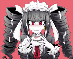 Rule 34 | 1girl, after ejaculation, black hair, black jacket, blunt bangs, blush, bonnet, bukkake, celestia ludenberg, claw ring, colored skin, commentary request, cum, cum on clothes, cum on hair, cum on hands, cup, danganronpa: trigger happy havoc, danganronpa (series), drill hair, earrings, facial, fingernails, frills, gothic lolita, grey nails, grin, highres, holding, holding cup, jacket, jewelry, kobayashi tetsuya, lolita fashion, long hair, long sleeves, nail polish, necktie, red background, red eyes, red necktie, ringed eyes, shirt, simple background, smile, solo, straight hair, teacup, twin drills, twintails, upper body, white shirt, white skin