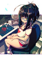 Rule 34 | 1girl, absurdres, ahoge, black hair, blue-framed eyewear, box, breasts, chair, cleavage, cutting mat, from side, full body, glasses, hands on own leg, highres, indoors, king rooper, large breasts, looking at viewer, medium hair, model kit, on chair, original, outside border, pliers, ponytail, red shorts, scalpel, scoop neck, shelf, shirt, short shorts, short sleeves, shorts, sidelocks, sitting, smile, socks, solo, table, thighs, white shirt, white socks, yellow eyes