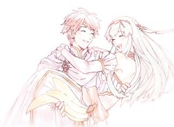 Rule 34 | 1girl, artist request, bare shoulders, blue hair, bridal veil, bride, carrying, couple, dress, eliwood (fire emblem), closed eyes, fire emblem, fire emblem: the blazing blade, fire emblem heroes, flower, formal, gloves, hair flower, hair ornament, jewelry, long hair, ninian, nintendo, open mouth, princess carry, red hair, rose, short hair, smile, strapless, strapless dress, suit, tuxedo, veil, wedding, wedding dress, white gloves