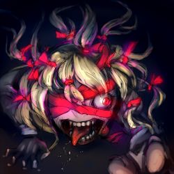 Rule 34 | 1girl, blonde hair, crawling, crazy eyes, creepy, ebizome, eyepatch, female focus, hair ribbon, horror (theme), open mouth, outstretched hand, red eyes, ribbon, rumia, saliva, solo, teeth, tongue, touhou