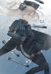 Rule 34 | 10s, 1girl, black gloves, blonde hair, blue eyes, boots, gloves, hat, hayashi kewi, jacket, kantai collection, long hair, machinery, mecha musume, military, military uniform, open clothes, open jacket, pants, shirt, solo, thigh boots, thighhighs, torpedo, u-511 (kancolle), underwater, uniform, very long hair