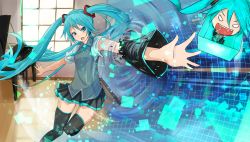 Rule 34 | 1girl, aqua eyes, aqua hair, chibi, detached sleeves, fu-ta, hatsune miku, headset, highres, instrument, long hair, necktie, piano, project diva, project diva (series), skirt, solo, thighhighs, twintails, very long hair, vocaloid, window