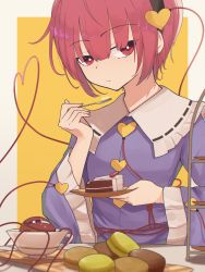 Rule 34 | 1girl, :t, absurdres, blouse, blue shirt, border, breasts, bright pupils, cake, cake slice, closed mouth, commentary request, eating, eyeball, food, food request, fork, frilled shirt collar, frills, heart, heart of string, highres, holding, holding fork, holding plate, komeiji satori, looking at viewer, orange background, outside border, pink eyes, pink hair, plate, senzaicha kasukadoki, shirt, simple background, small breasts, solo, third eye, touhou, upper body, white background, white border, white pupils