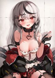 Rule 34 | 1girl, :d, bare shoulders, between legs, black collar, black gloves, black hair, black jacket, blush, braid, breasts, cleavage, collar, fang, gloves, grey hair, hair ornament, hairclip, hand between legs, heart collar, highres, hololive, jacket, long hair, looking at viewer, medium breasts, miniskirt, multicolored hair, namagome negi, open mouth, plaid, plaid skirt, pleated skirt, red eyes, sakamata chloe, shirt, skirt, smile, solo, strap pull, streaked hair, thighhighs, torn clothes, torn thighhighs, virtual youtuber, white shirt, x hair ornament