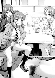 Rule 34 | 3girls, :d, ^^^, absurdres, asuhiro (handsome aniki), booth seating, breasts, cardigan vest, close-up, closed eyes, clothes lift, coffee cup, commentary request, cup, diagonal-striped clothes, diagonal-striped necktie, disposable cup, eating, female pubic hair, food, glass, grey hair, greyscale, highres, hojo karen, holding, holding food, idolmaster, idolmaster cinderella girls, indoors, jewelry, kamiya nao, large breasts, loafers, looking at another, looking at viewer, loose necktie, menu, monochrome, multiple girls, necklace, necktie, no panties, open mouth, paid reward available, pubic hair, restaurant, saucer, school uniform, shibuya rin, shoes, sitting, skirt, skirt lift, smile, socks, striped clothes, sweat, table, triad primus (idolmaster), variant set, wavy mouth, window, wing collar